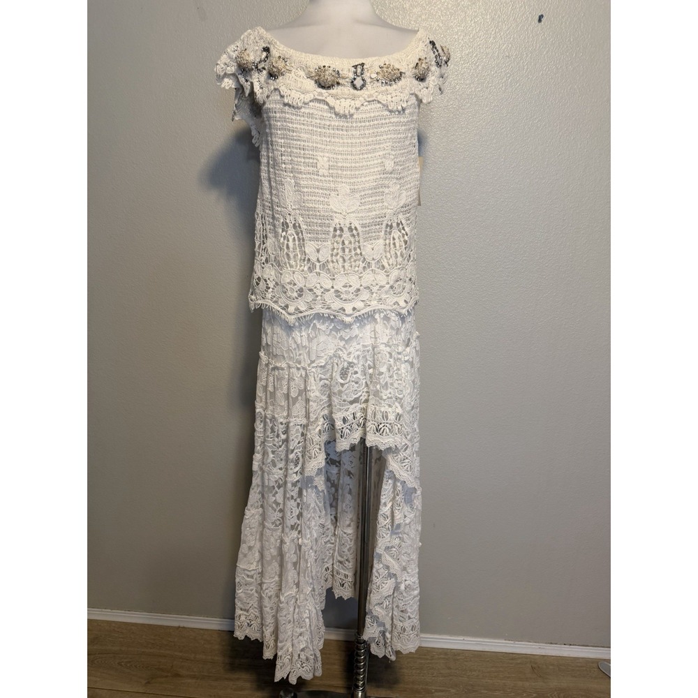 NWT BOSTON PROPER Ivory Beaded Lace Crochet Beaded Smocked Hi Low Maxi Dress S